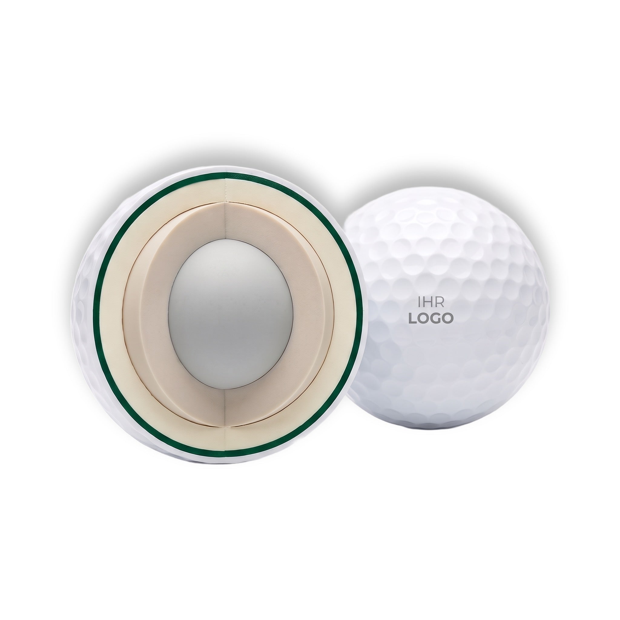Schnittdarstellung des Logogolfballs in 5-Piece-Konstruktion neben dem Ball mit Ihrem Logo