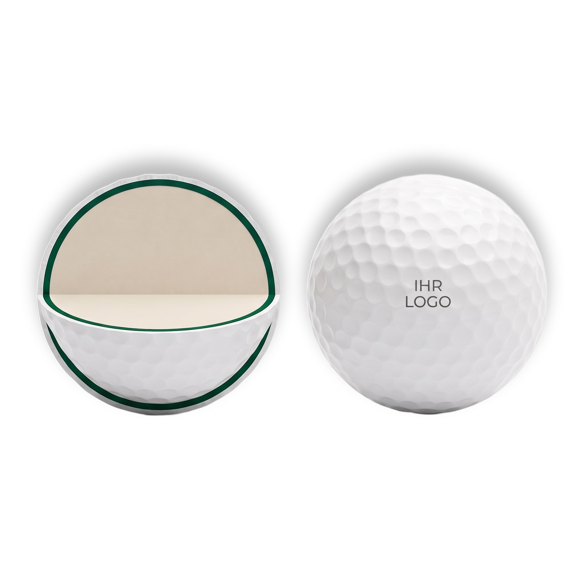 Schnittdarstellung des Logogolfballs in 2-Piece-Konstruktion neben dem Ball mit Ihrem Logo
