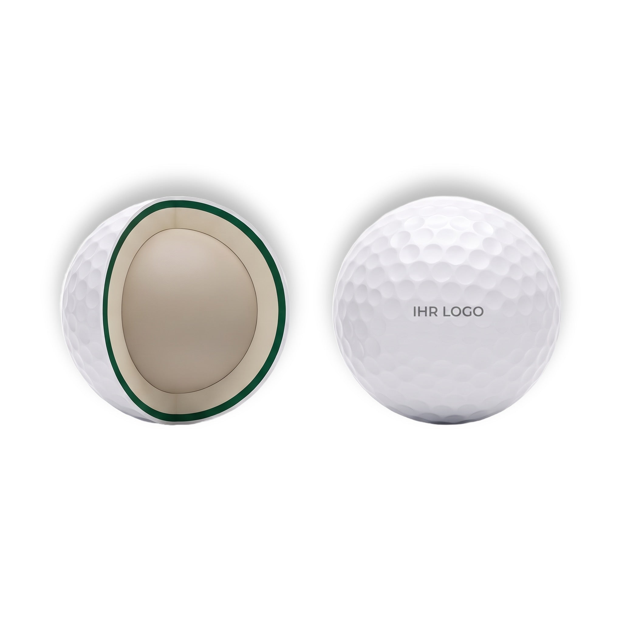 Schnittdarstellung des Logogolfballs in 3-Piece-Konstruktion neben dem Ball mit Ihrem Logo