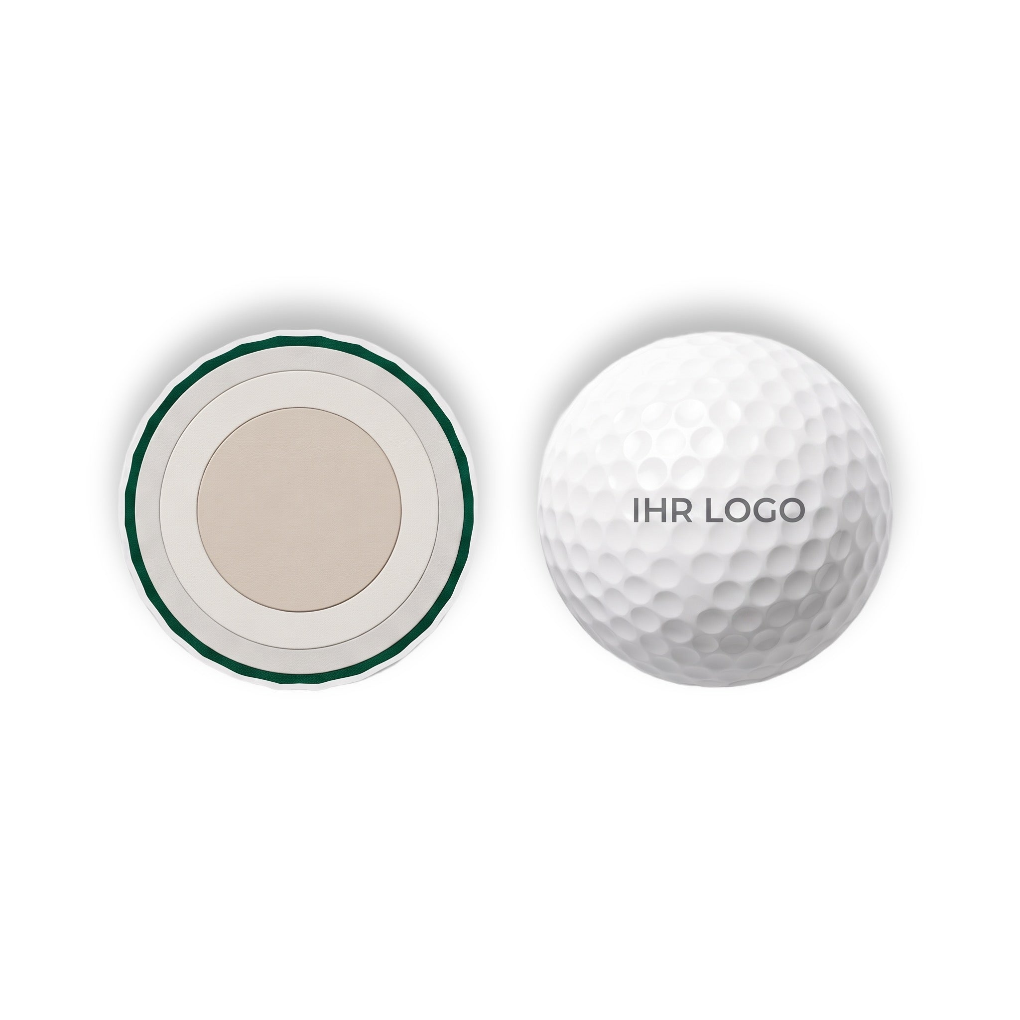 Schnittdarstellung des Logogolfballs in 4-Piece-Konstruktion neben dem Ball mit Ihrem Logo